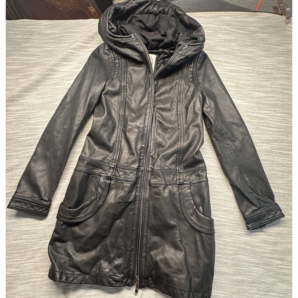 Salad Womens  Lack Leather Long W/hood Jacket Asian size S Small Lamb Nappa